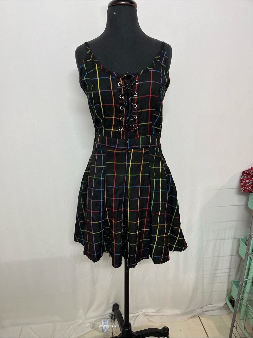 Hot Topic Black Mini Dress with Rainbow Grid and Lace-Up Front